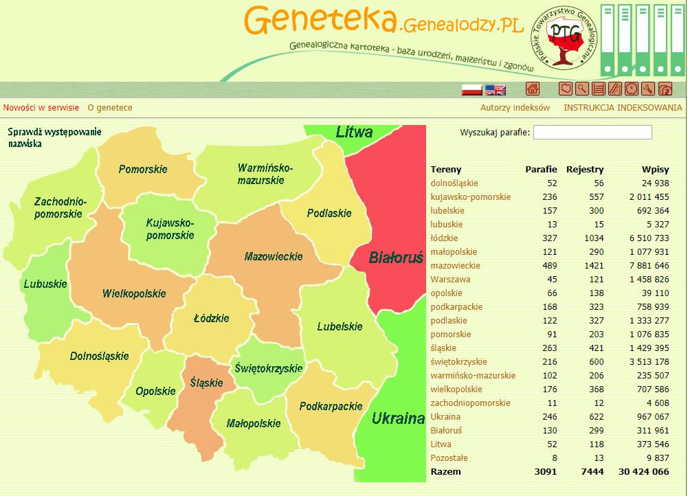 Skærmdump fra hjemmesiden geneteka.genealodzy.pl